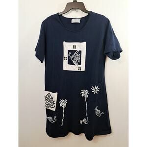 Cover Charge Women's Blue White Shift Dress Vintage Art To Wear Beach Fish